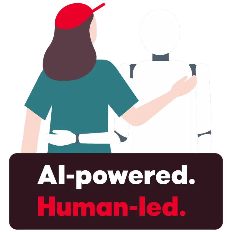 En illustration viser en person, der venligt lægger armen om en robot. Nedenunder står teksten "AI-powered. Human-led.", som symboliserer samarbejdet mellem mennesker og kunstig intelligens.