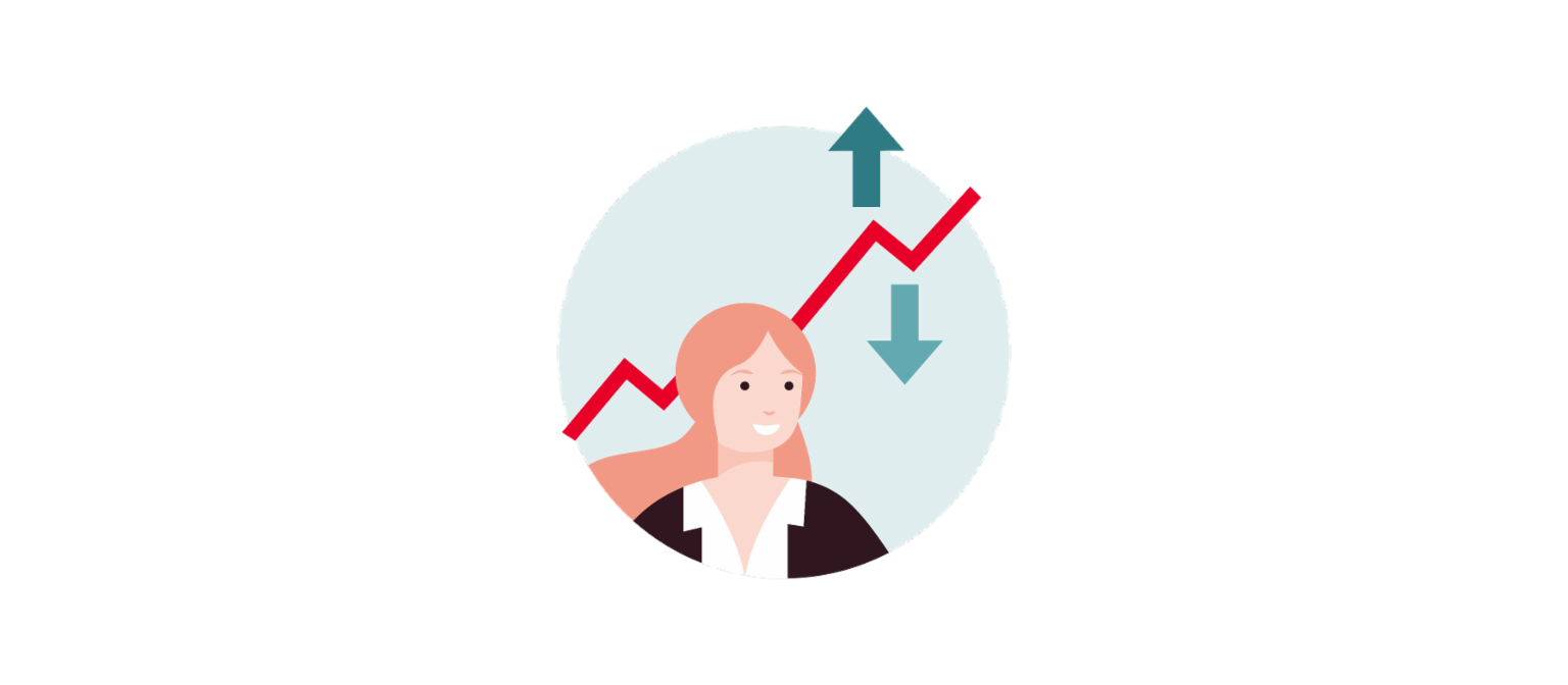 Infografik 2 viser en kurve, der bevæger sig opad, men stabilt, i et zigzagmønster. En pil op og en pil ned repræsenterer evalueringen af de underliggende data.