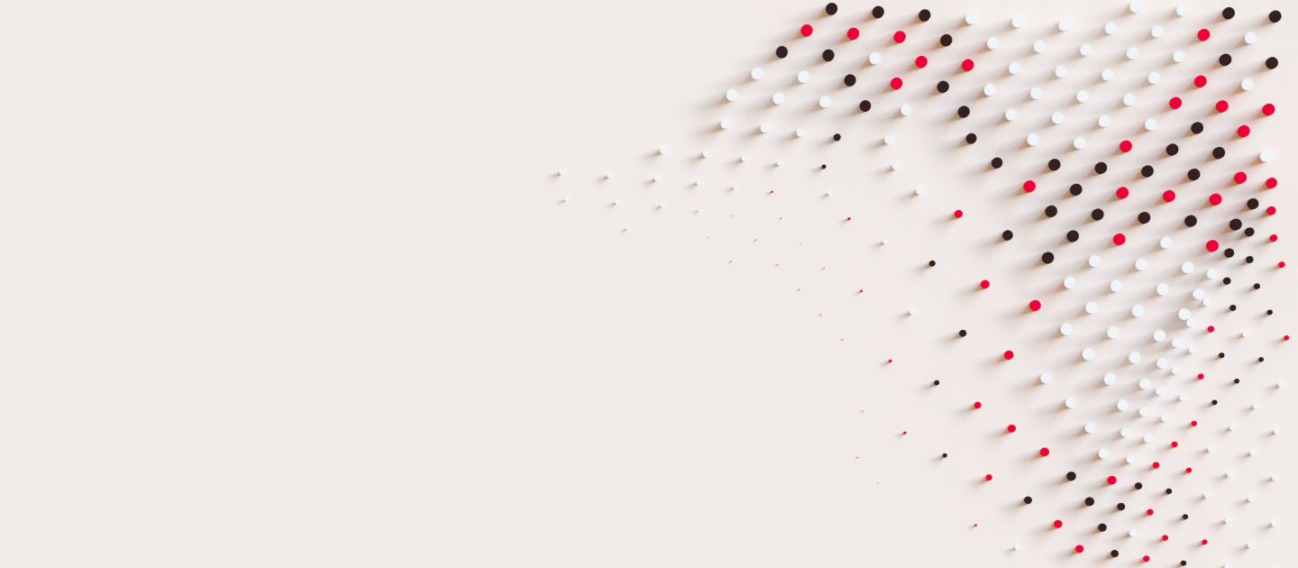 Dynamisk grafik med røde, hvide og sorte prikker, der symboliserer bevægelse og innovation i fordringsstyring hos EOS