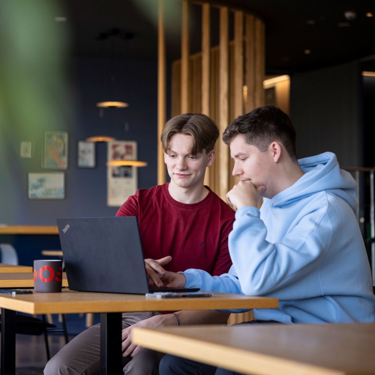 To unge EOS-medarbejdere undersøger en computerskærm sammen og diskuterer, hvad de ser.