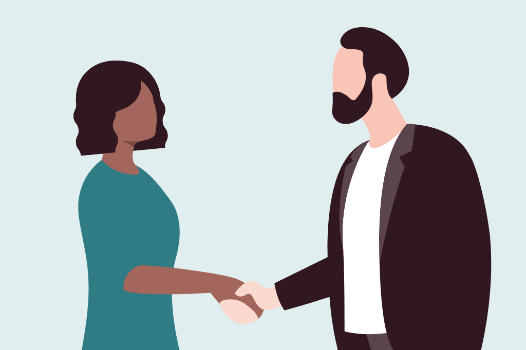Illustration med to personer, der giver hånd