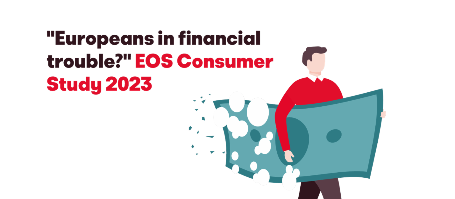 Illustration af en mand, der bærer en stor opløsende pengeseddel, med teksten 'Europæere i økonomiske problemer? EOS Consumer Study 2023'.