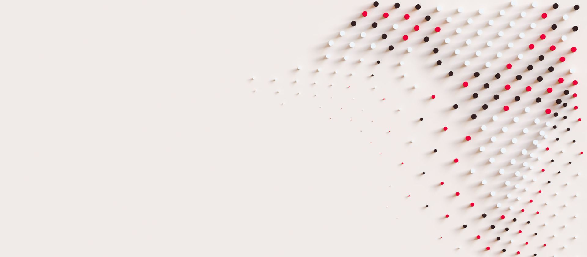 Dynamisk grafik med røde, hvide og sorte prikker, der symboliserer bevægelse og innovation i fordringsstyring hos EOS