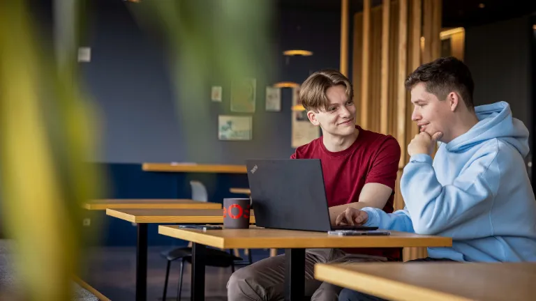 To medarbejdere samarbejder ved en bærbar computer og fremmer partnerskab og retfærdighed på arbejdspladsen.