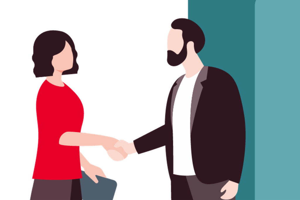 Illustation shows a woman and a man shaking hands with the woman holding a briefcase.